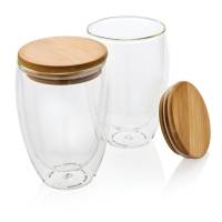 Набор стаканов из боросиликатного стекла с двойными стенками и бамбуковой крышкой, 350 мл