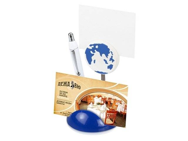 Подставка для визиток и ручки с держателем для бумаги "Глобус", синий